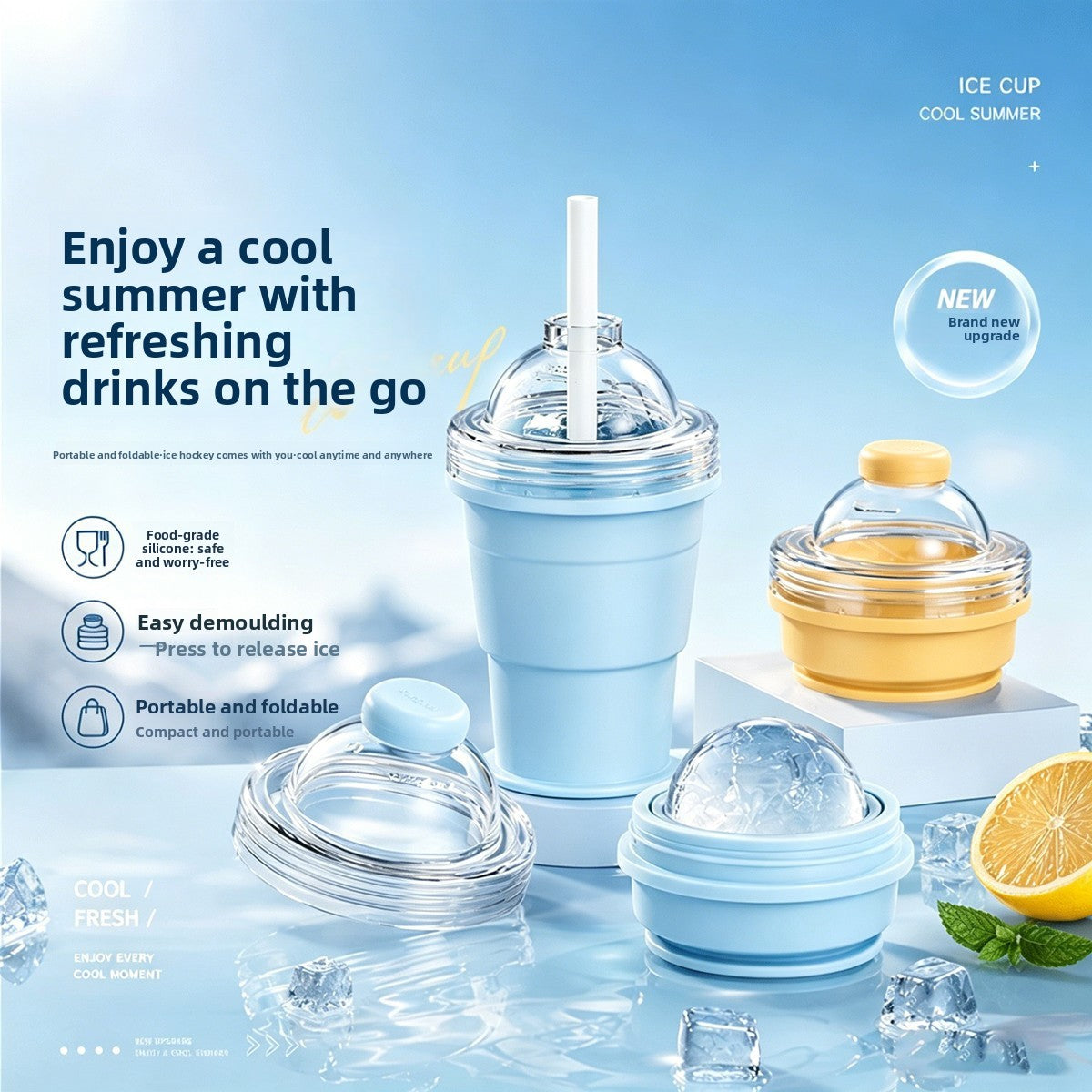Foldable Silicone Ice Ball Cup with Straw