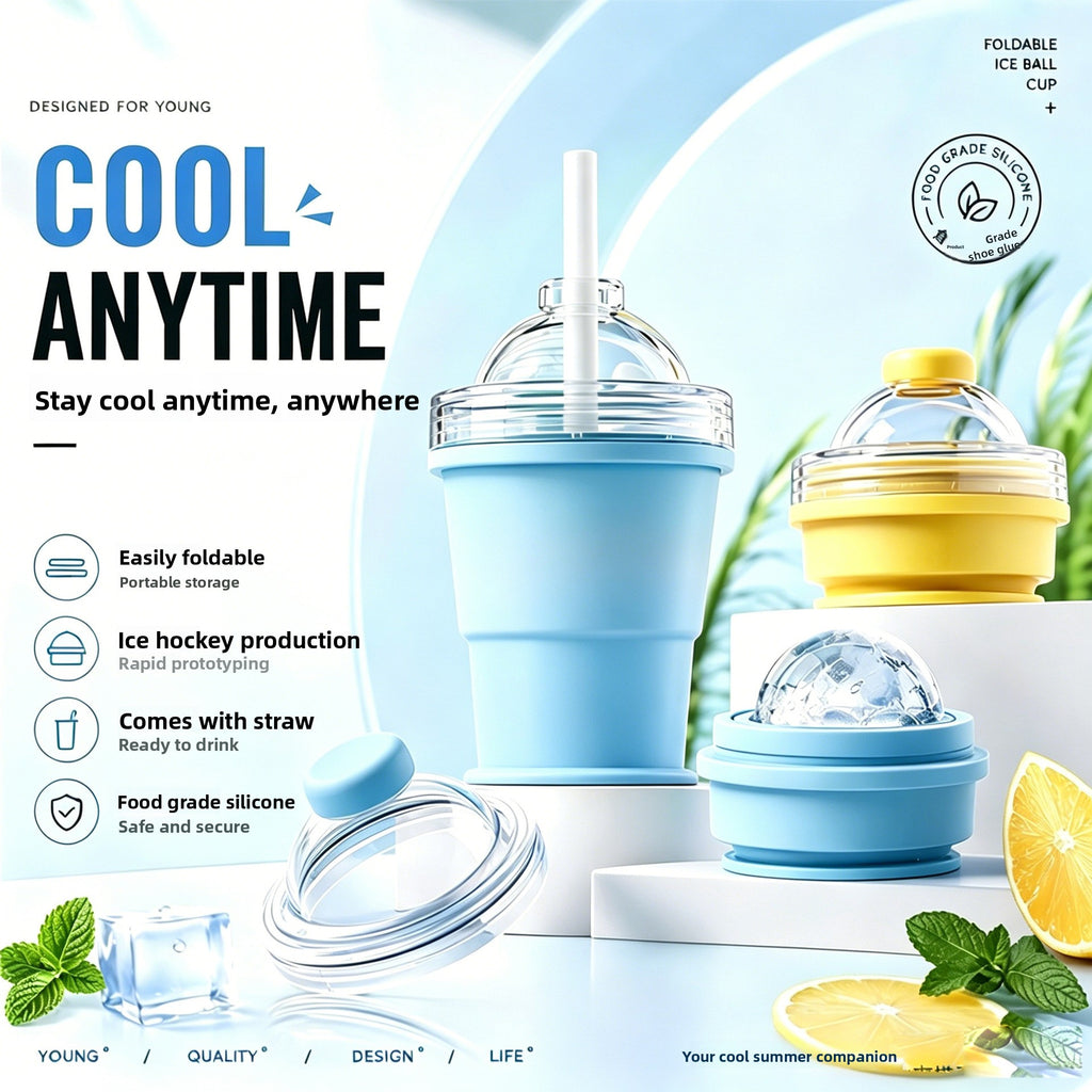 Foldable Silicone Ice Ball Cup with Straw
