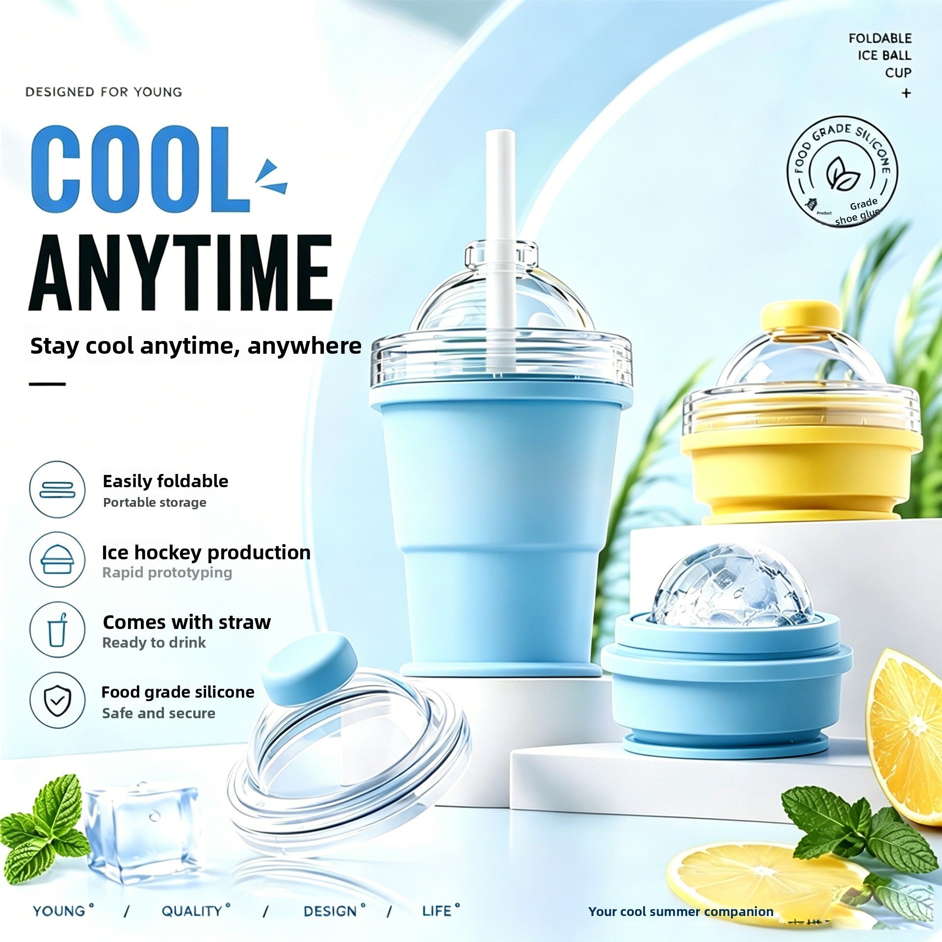 Foldable Silicone Ice Ball Cup with Straw